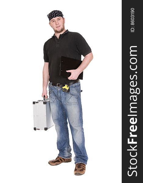 Workman with tools over white background. Workman with tools over white background