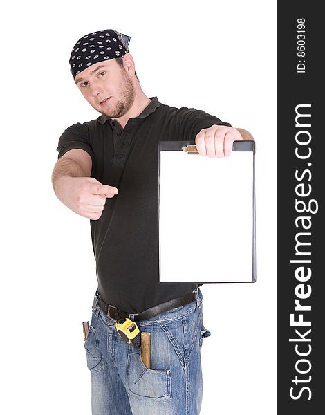 Workman with tools over white background. Workman with tools over white background