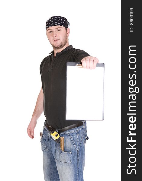 Workman with tools over white background. Workman with tools over white background