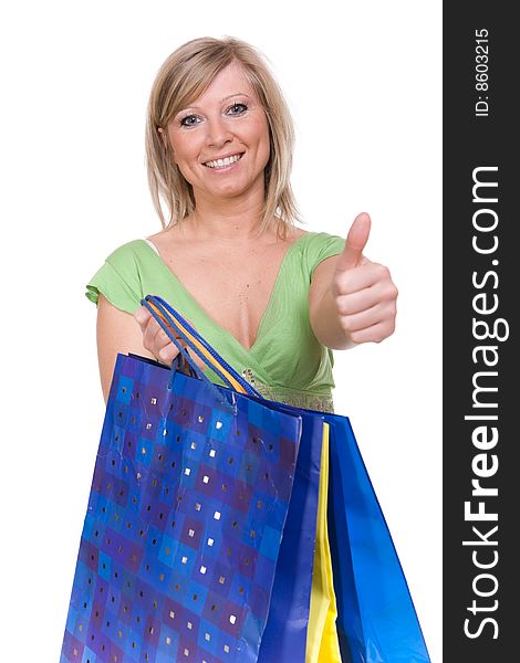 Casual woman with shopping bags. over white background