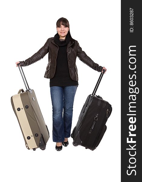 Attractive brunette woman with suitcase. over white background. Attractive brunette woman with suitcase. over white background
