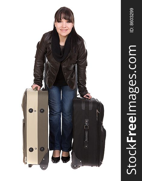 Attractive brunette woman with suitcase. over white background. Attractive brunette woman with suitcase. over white background
