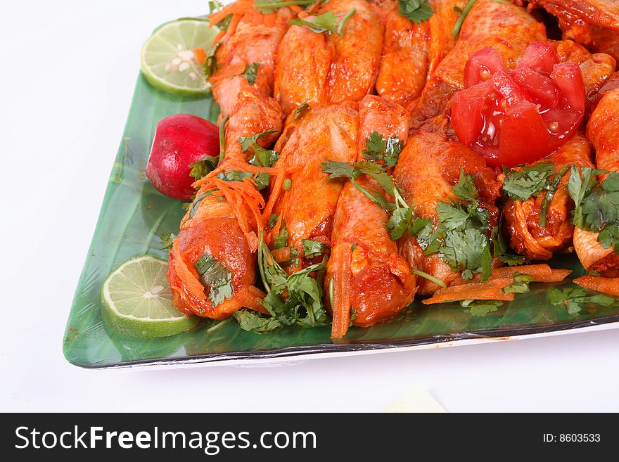 Plate of chicken isolated white background. Plate of chicken isolated white background