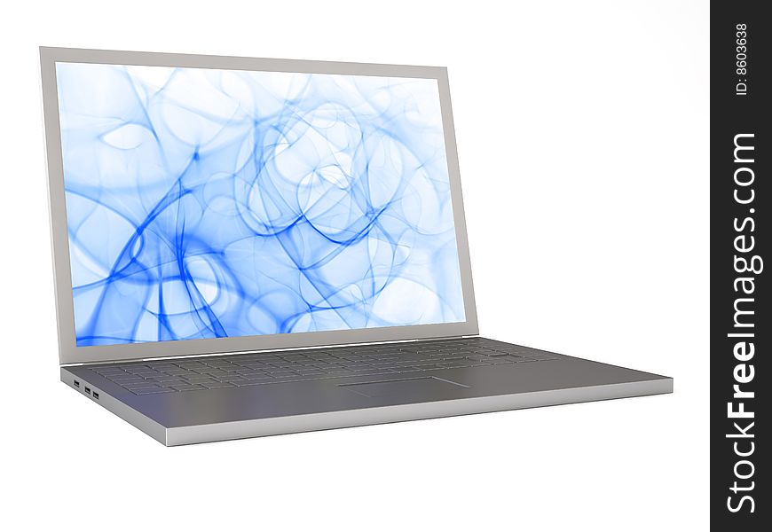 3D image of open laptop. Desktop background-also rendered by me in 3D. Clipping paths around the image and desktop. 3D image of open laptop. Desktop background-also rendered by me in 3D. Clipping paths around the image and desktop.