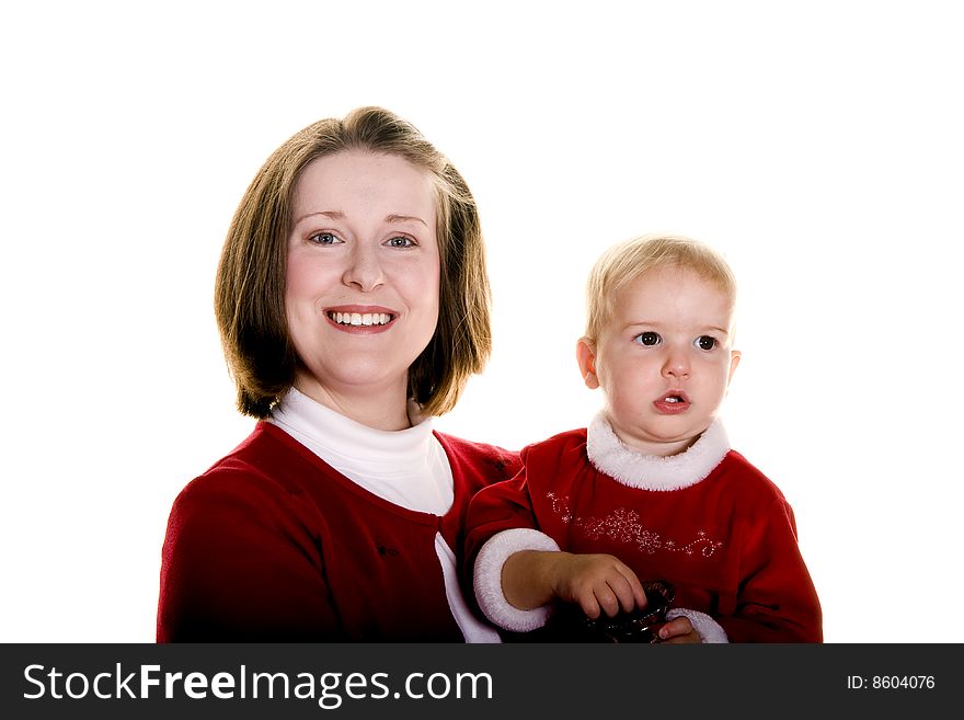 A young mother and a bay both dressed in red on a white background. A young mother and a bay both dressed in red on a white background