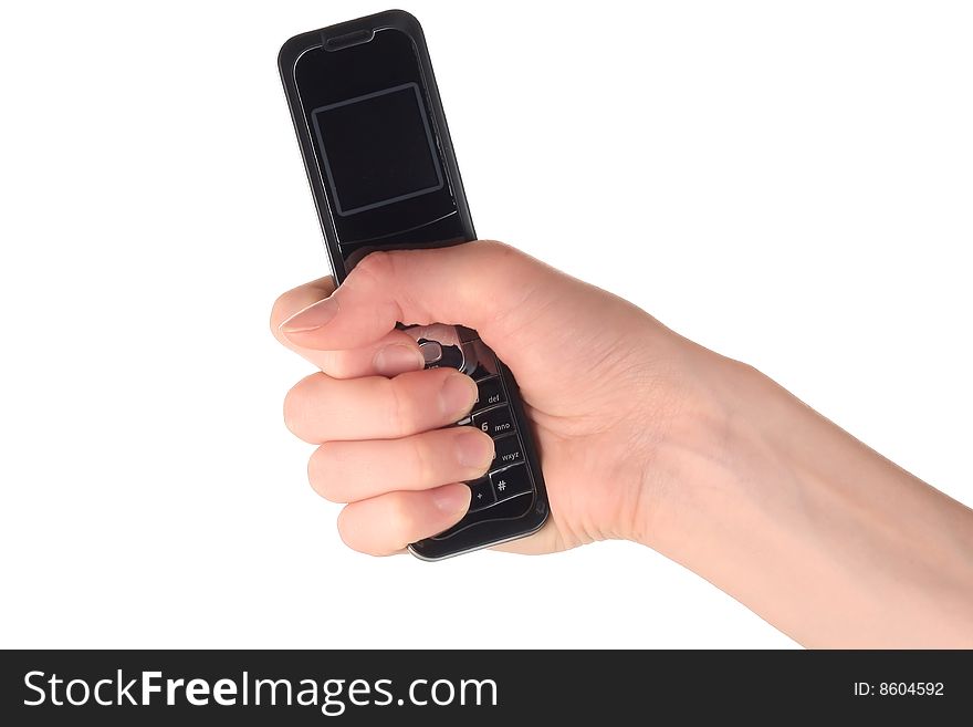 Cell phone in hands over white