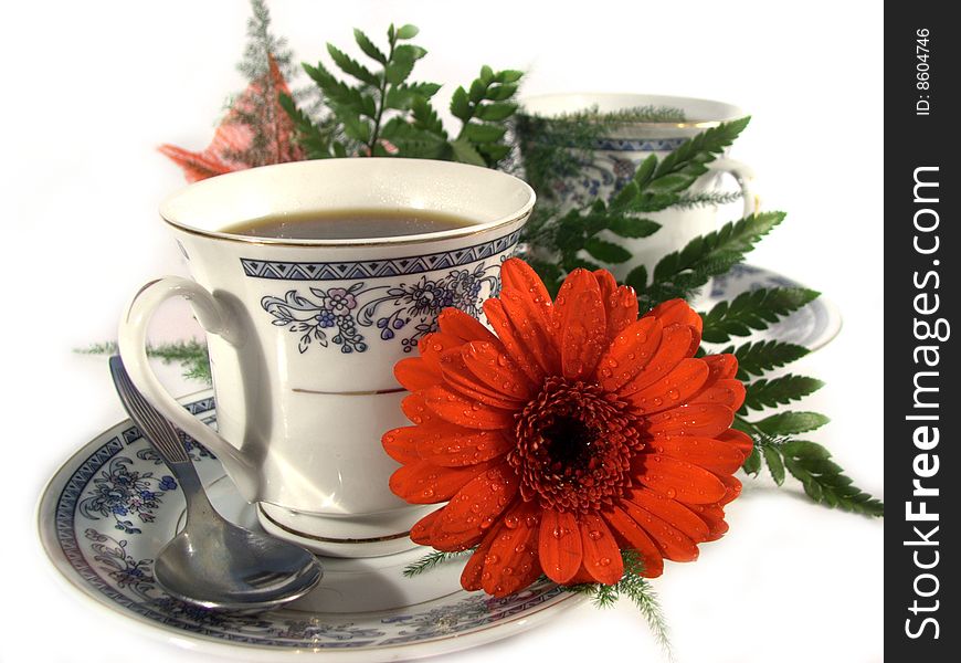 Two coffe cups with one red flower with morning dew or raindrops. Two coffe cups with one red flower with morning dew or raindrops