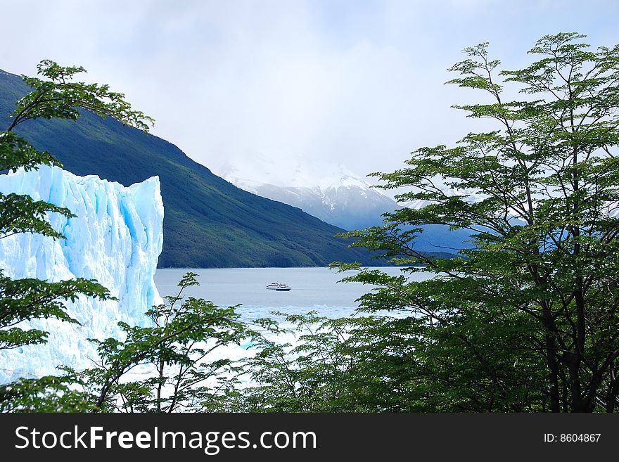 View of Perito Moreno Glacier through the trees with tour boats in the distance