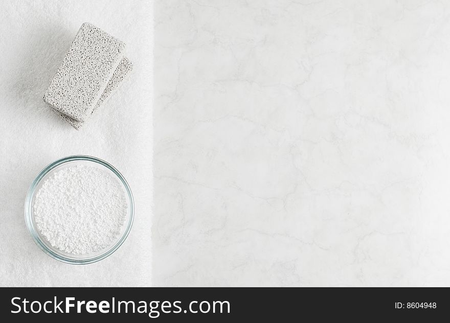 Spa display on top of a white marble background.