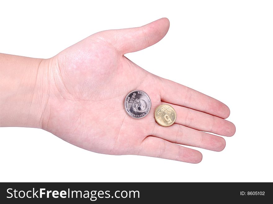 RMB coins in hand isolated on white background