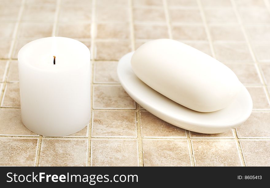 Spa display against a stone tile backdrop.