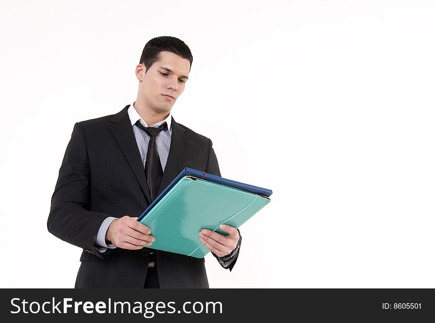 Businessman with documents isolated on white background