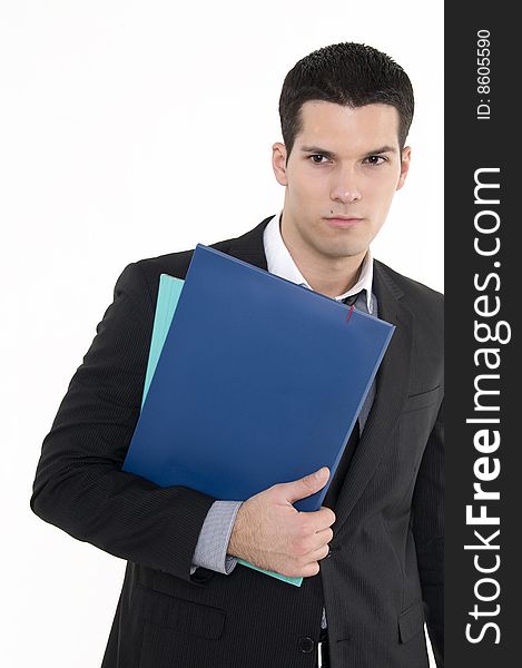 Businessman with documents isolated on white background