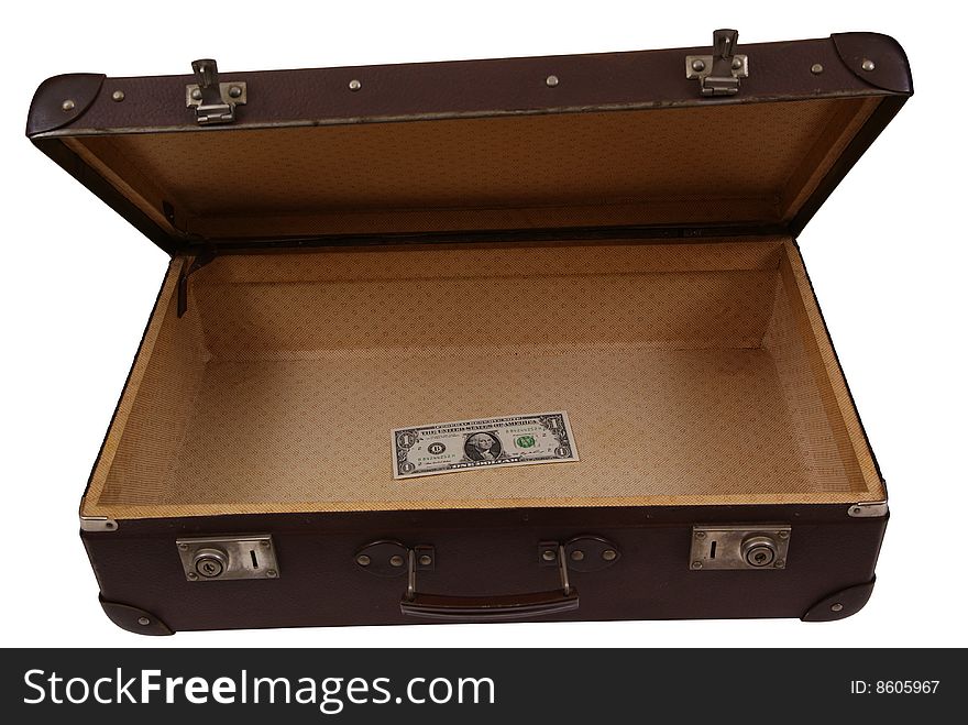 Old suitcase with one dollar isolated on white background