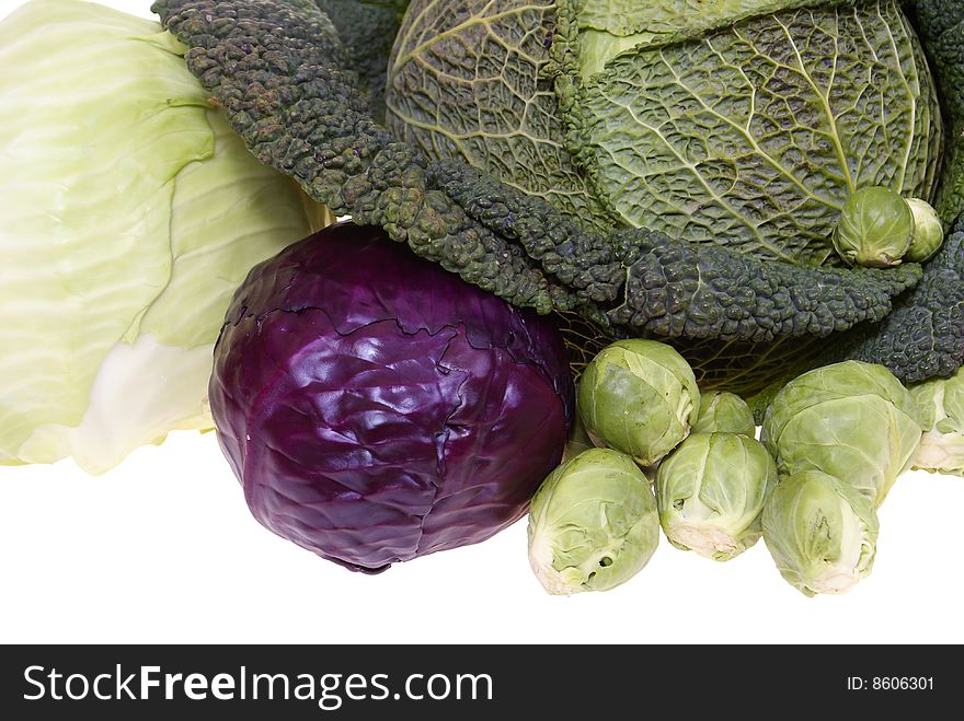 Variable types of cabbages isolated on white background