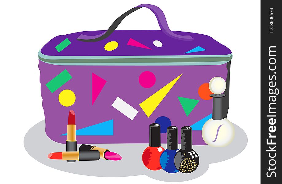 Vector illustration of a cosmetic bag in front of lipsticks, nail polishes and a parfume
