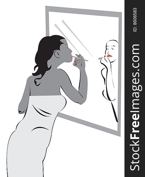 Black and white Vector illustration of a girl in front of the mirror applying makeup. Black and white Vector illustration of a girl in front of the mirror applying makeup
