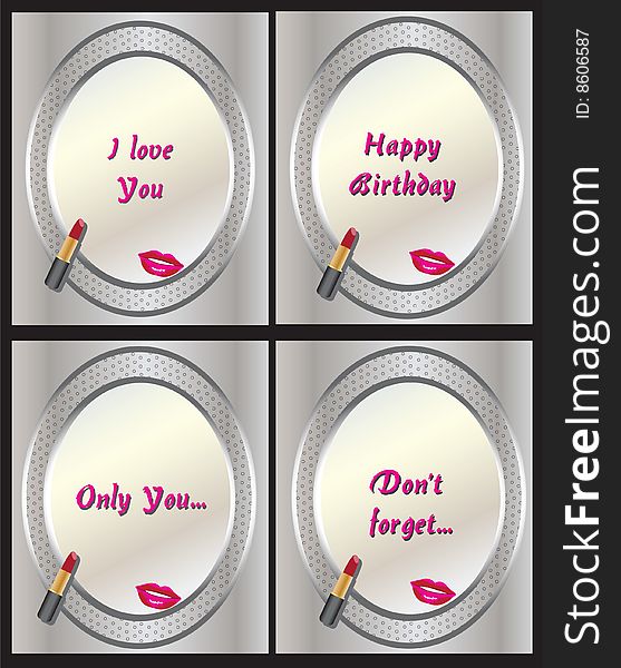 Vector illustration of mirrors with different text on it, with a lipstick