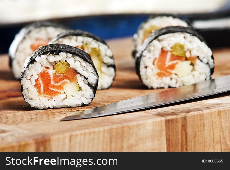 Various types of japanese sushi and sashimi