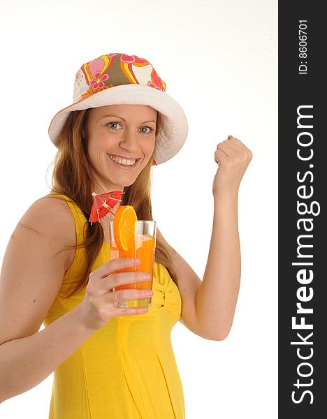 Young woman wearing summer clothes. Drinking fruit juice. Young woman wearing summer clothes. Drinking fruit juice.