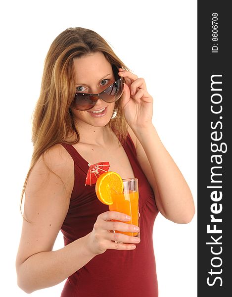 Young woman wearing summer clothes. Drinking fruit juice. Young woman wearing summer clothes. Drinking fruit juice.