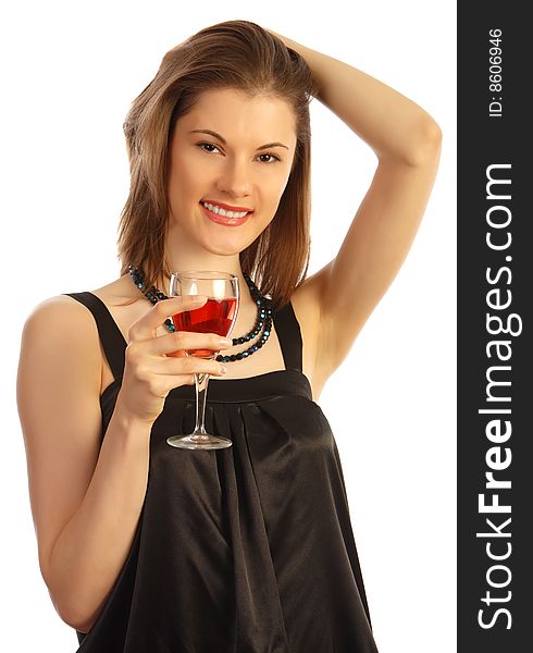 Girl with a glass of rose wine. Isolated on white