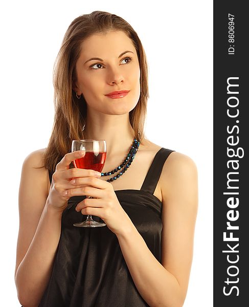 Girl With A Glass Of Wine. Isolated On White