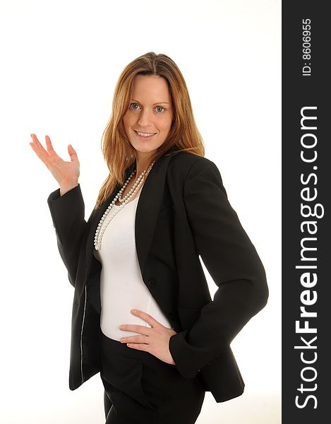 Young woman wearing business outfit. Gesturing.Isolated over white. Young woman wearing business outfit. Gesturing.Isolated over white.