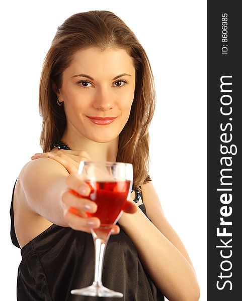 Beautiful girl with a glass of wine. Isolated on white