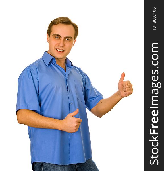 Casual handsome guy showing two thumbs up. Isolated on white.