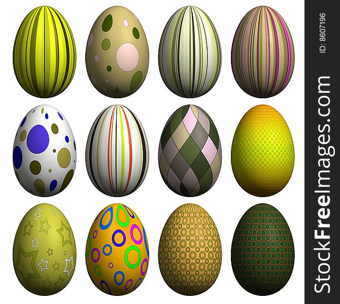 Collection of 12 high resolution 3d rendered Easter eggs with different patterns, isolated on white. Collection of 12 high resolution 3d rendered Easter eggs with different patterns, isolated on white