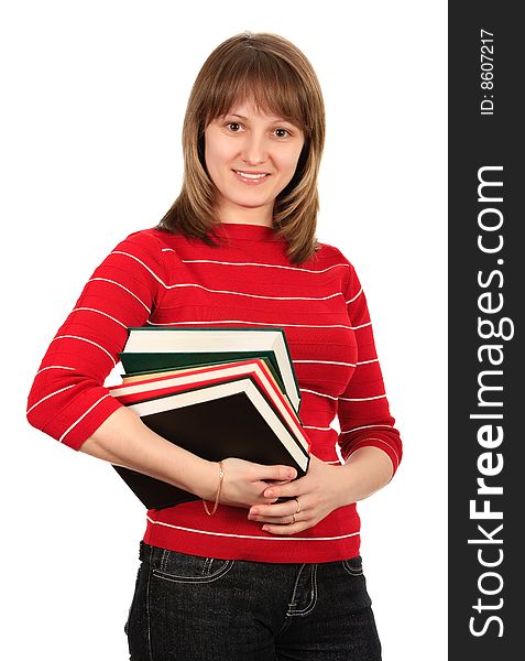 Beautiful college girl with books. Isolated on white.