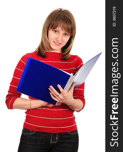 Young smiling woman with a folder. Isolated on white.