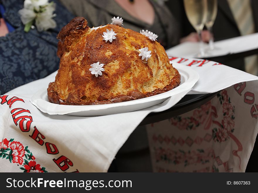The round loaf on russian wedding ceremony. The round loaf on russian wedding ceremony