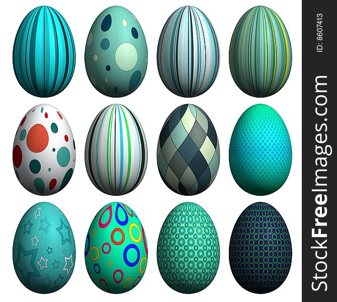 Collection of 12 high resolution 3d rendered Easter eggs with different patterns, isolated on white. Collection of 12 high resolution 3d rendered Easter eggs with different patterns, isolated on white