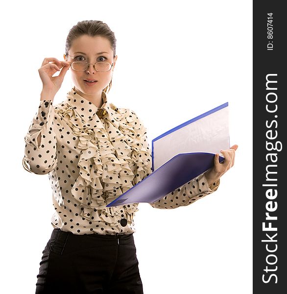 Young smiling woman with folders. Isolated on white. Young smiling woman with folders. Isolated on white.