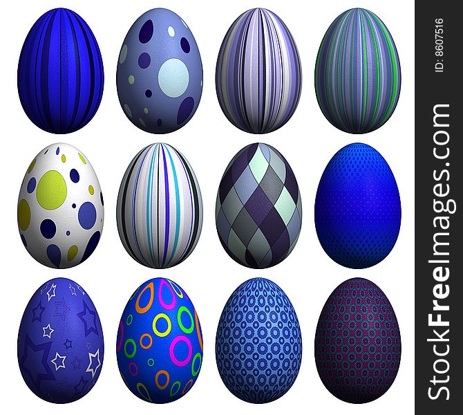 Collection of 12 high resolution 3d rendered Easter eggs with different patterns, isolated on white. Collection of 12 high resolution 3d rendered Easter eggs with different patterns, isolated on white