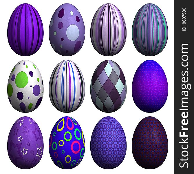 Collection of 12 high resolution 3d rendered Easter eggs with different patterns, isolated on white. Collection of 12 high resolution 3d rendered Easter eggs with different patterns, isolated on white