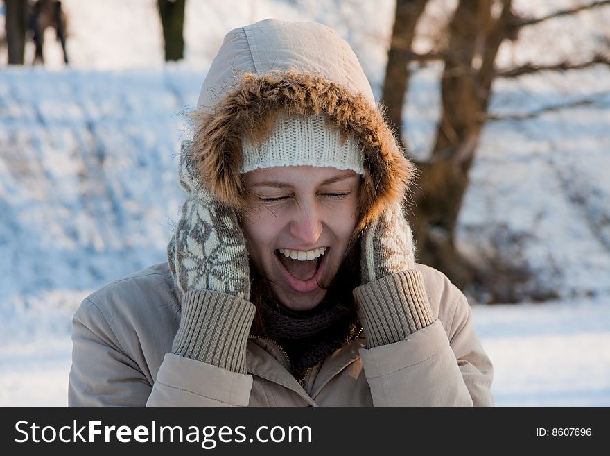 Crying girl in winter snow. Crying girl in winter snow