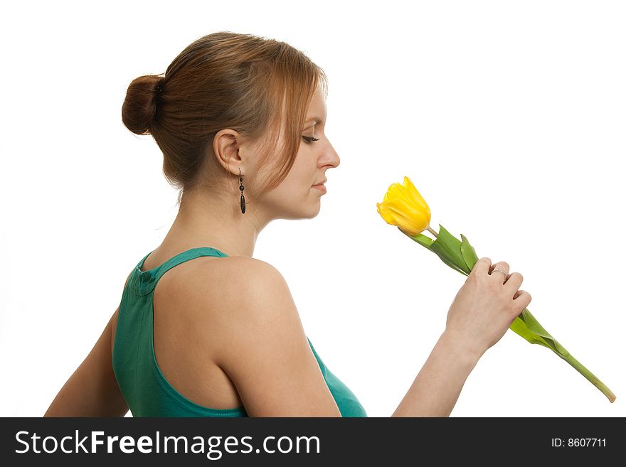 Girl with yellow tulip flower. Girl with yellow tulip flower