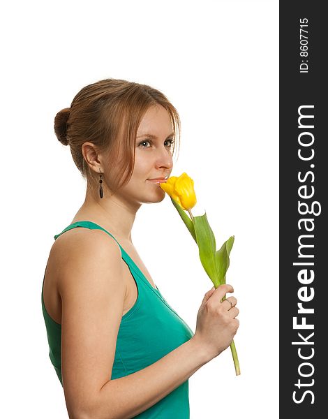 Girl with yellow tulip flower. Girl with yellow tulip flower