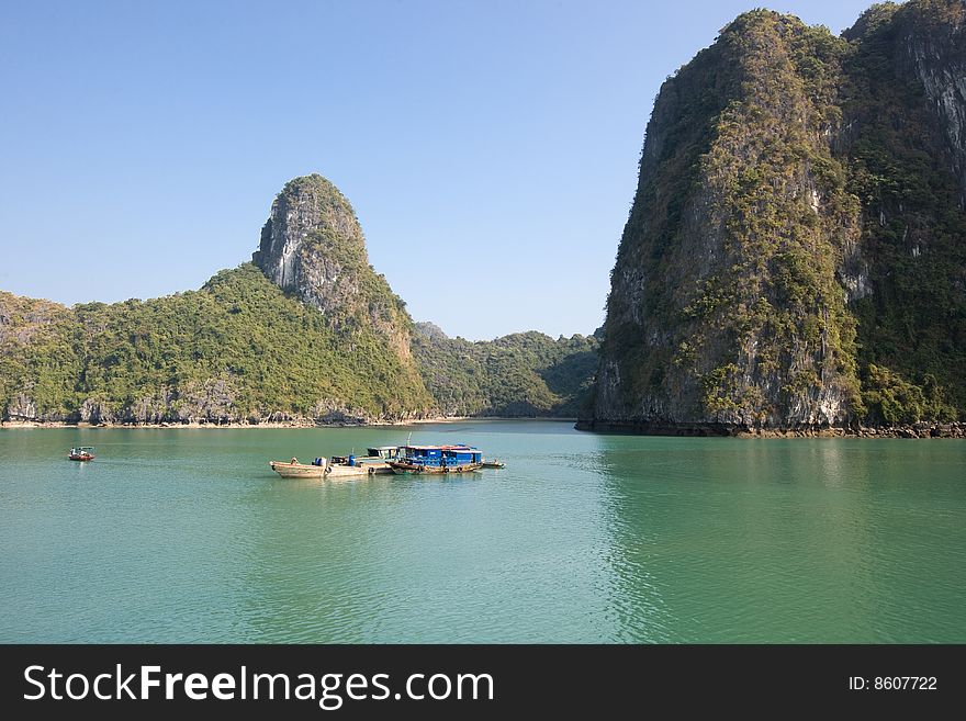 Boat and Islands in Halong Bay, Northern Vietnam