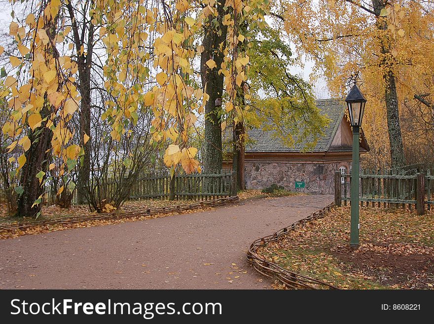 An autumn park is in the Pushkin mountains. Exactly here the Russian poet Alexander Pushkin wrote the verses. A poem is here written, in particular Evgeny Onegin. An autumn park is in the Pushkin mountains. Exactly here the Russian poet Alexander Pushkin wrote the verses. A poem is here written, in particular Evgeny Onegin