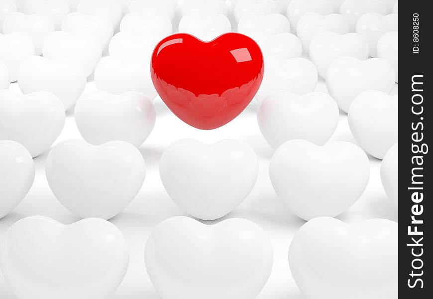 3d render of isolated red heart and many white hearts