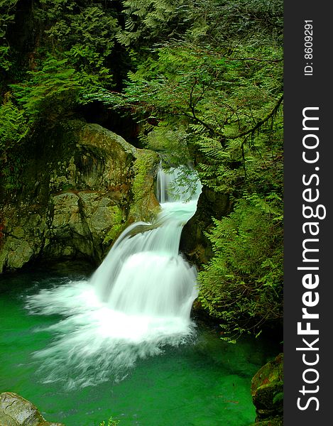 Twin Falls waterfall in Lynn Canyon in North Vancouver, Canada