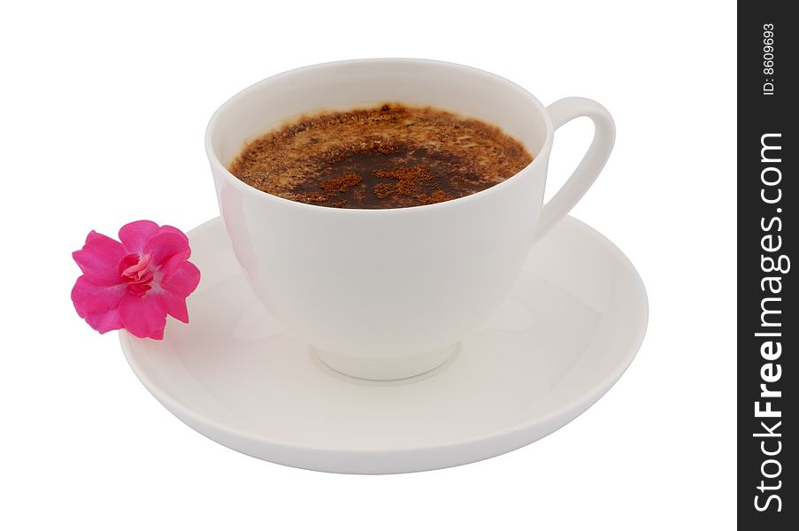 Cup of cappuccino with pink flower isolated on white