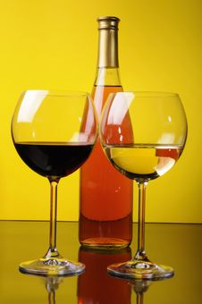 Bottle And Two Glasses Of Wine Royalty Free Stock Photos
