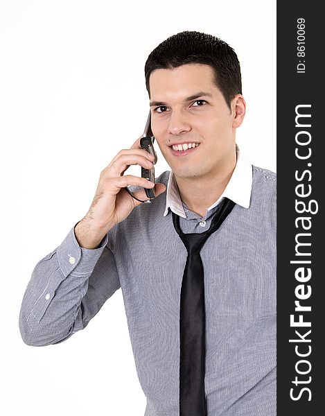 Businessman with cellular phone, isolated on white background