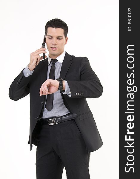 Businessman with phone and watch isolated on white background