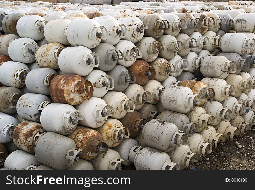 Rows of propane tanks awaiting recycling